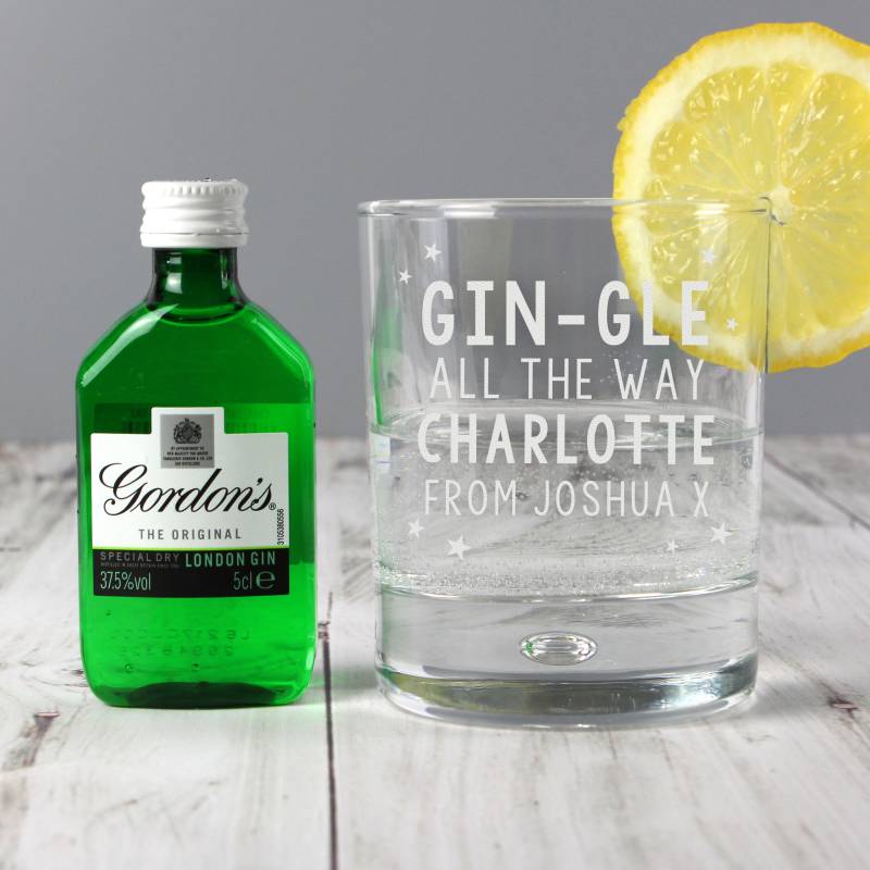 Personalised Gingle Bells Bubble Glass & Gin Minature Set